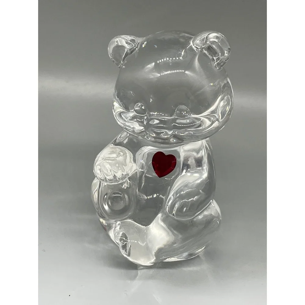 Fenton Teddy Bear Figurine with Red Heart‎ Clear Art Glass Paperweight